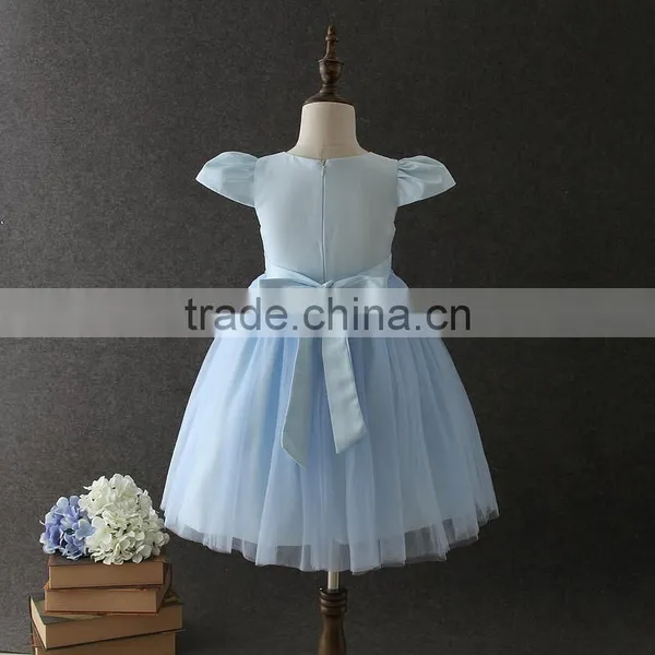 High Quality OEM Princess Blue Short Sleeves Embroidery Flower Girls Party Dresses Lovely Fluffy Tulle Baby Communion Dresses photo-3