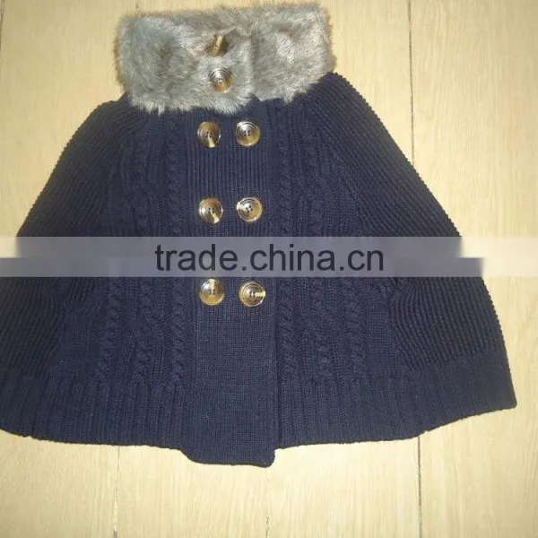 2016 Winter Fur Collar Cable Knitted Baby Sweater Ponchos photo-6