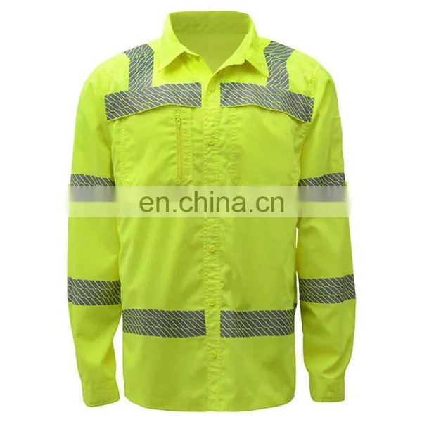 100% Cotton Mens Button Down Collar Business Fit Work Cargo Shirt With Reflective Bands photo-4