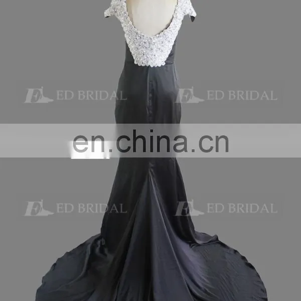 Elegant Cap Sleeve Beaded Court Train Black Long Evening Dress For Fat Women photo-3