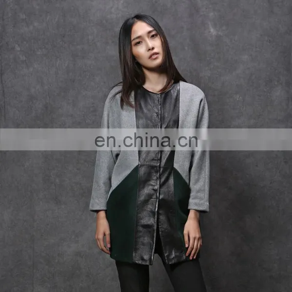 Wool Coat With Leather Patchwork Design for Women photo-2