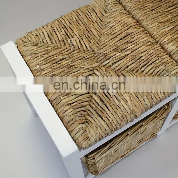 White Two Seater Wooden Storage Bench With Wicker Baskets and Seating photo-3
