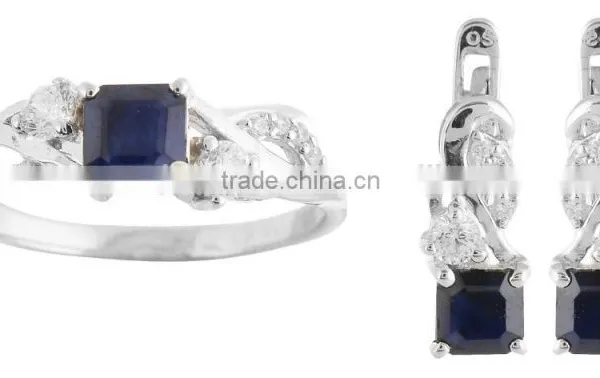 Beautiful Blue Sapphire With CZ Women's Ring Earring Set