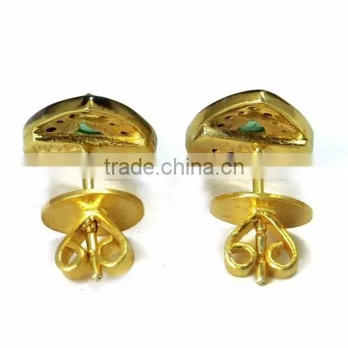Finesque !! Pear Shape Emerald & Diamond Gold Polish 925 Sterling Silver Earring, Dangler SIlver Earring, Silver Jewellery photo-5