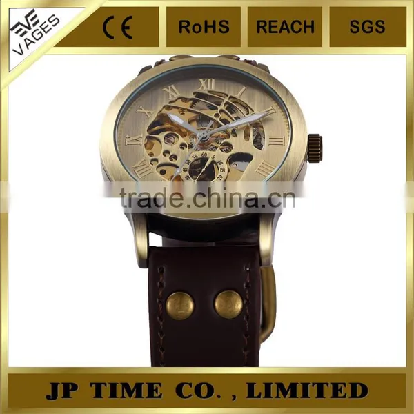 New Retro Skeleton Automatic Mechanical Vintage Leather Copper Wrist Watch photo-4