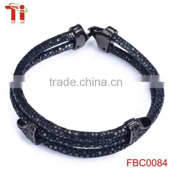 2016 3A Black Gemstone Charm Bracelet, Mens Jewelry Three-loop Wholesale Stingray Bracelet photo-5