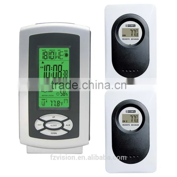Home Wilreless Backlight Weather Station With Weather Forcast, Outdoor 2 Remote Transmitter Digital Alarm Clock
