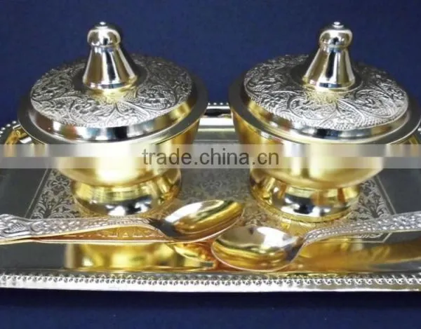 Indian Wedding Gift, Wholesale Low Price Return Gift Gold Plated Brass Bowls and Tray Set photo-2