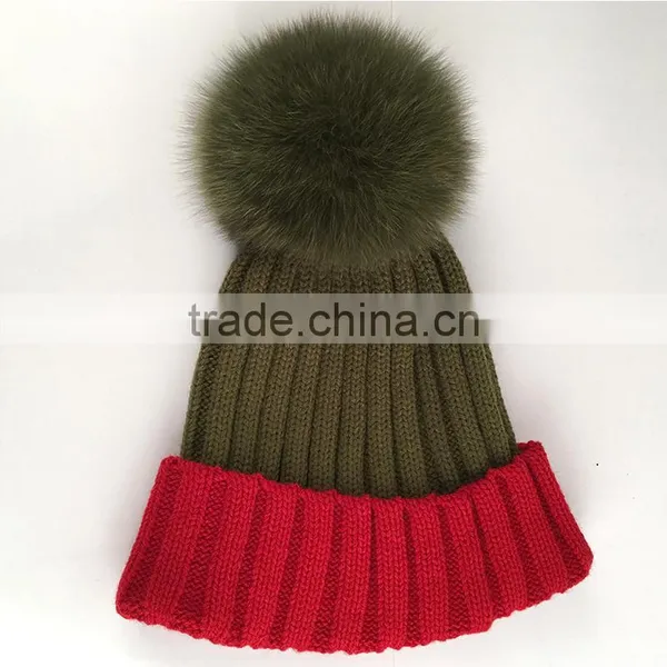 Myfur Adult Woolen Hat Bi-color Fox Body Fur Pom Poms Knitting Beanie Hat photo-4