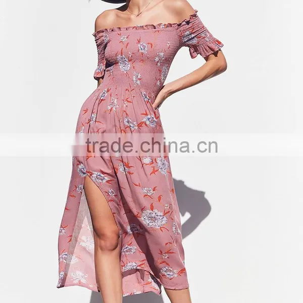 Lady's Smocked Dress With Slit off the Shoulder Floral Long Maxi Dresses photo-4