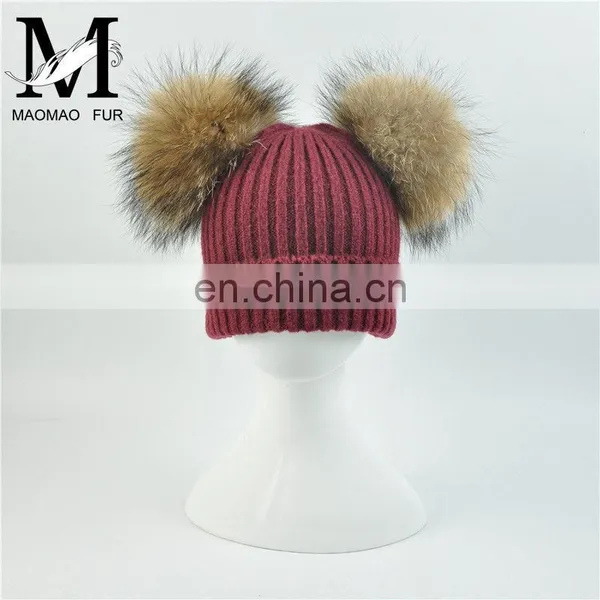 Kids Removable Fur Bobble Hat Winter Double Pom Pom Hat Crochet Kids Hat photo-2