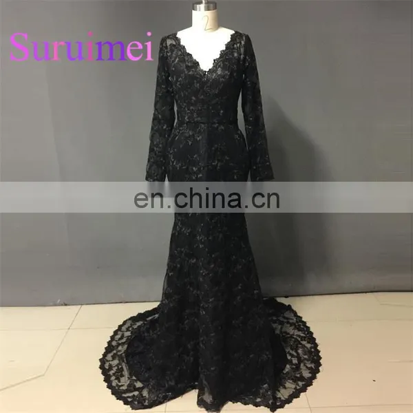Black Prom Dresses Vestiods de Noiva Long Sleeves With Lace Evening Gowns