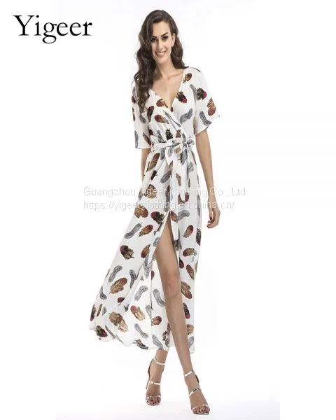 Half Sleeve Leaf Printed Front Open Waist Tied Women Dress photo-4