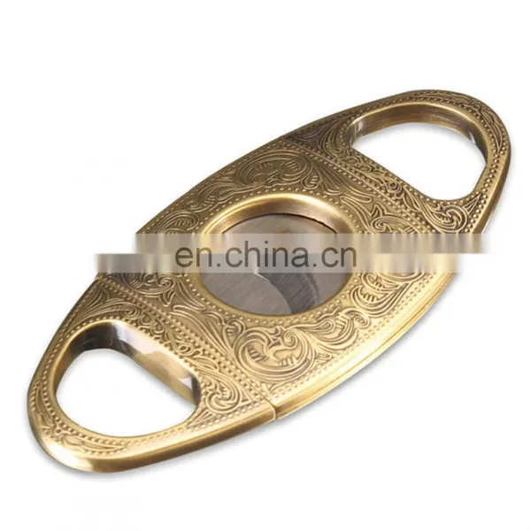 HQP-XJ06 HongQiang OEM Leather Pouch in Gift Box Classic Carving Pattern Double Edge Stainless Steel Portable Cigar Cutter photo-2