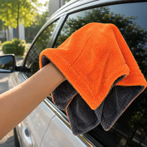 Dual-Sided Microfiber Twisted Loop Car Towels, Premium Orange Grey Ultra-Plush Detailing Cloths, Scratch-Free Absorbent Wash Rags for Waxing