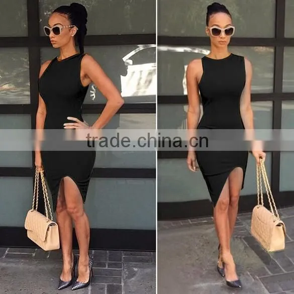 Sexy Women O-Neck Sleeveless Asymmetric Hem Solid Slim Bodycon Split Casual Dress photo-4