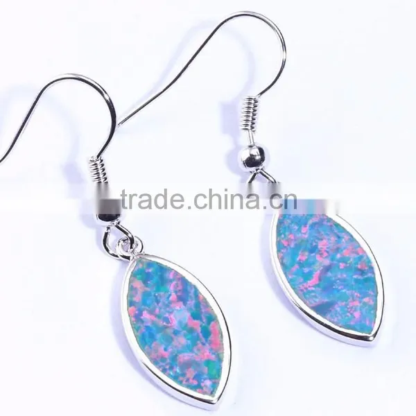 Lady Synthetic Blue Opal Inlay Leaf Dangle Earrings 925 Sterling Silver Leaf Hook Earring photo-3