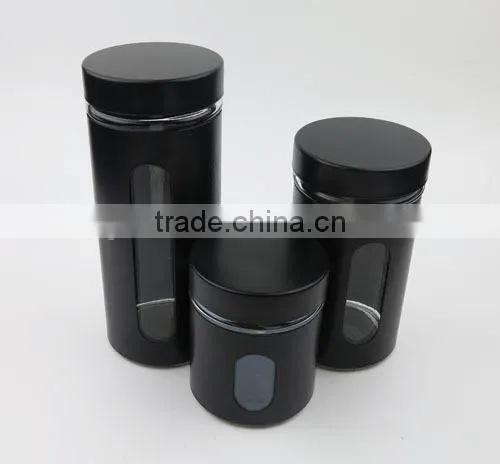 Black Colored Iron Covered Glass Storage Jar With Metal Screw Lid