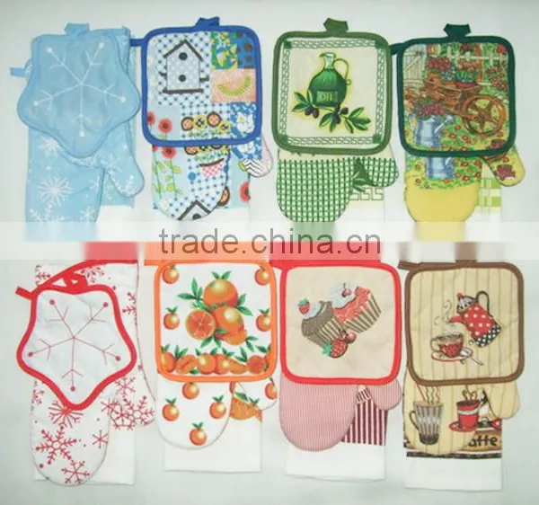Silk Screen Pigment Printing 3 Pcs Cotton Kitchen Set Kitchen Textile Wholesale Oven Mitten & Pot Holder photo-6