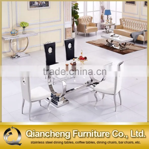 French Style Marble Top Stainless Steel 8 Seaters Dining Table Set photo-3