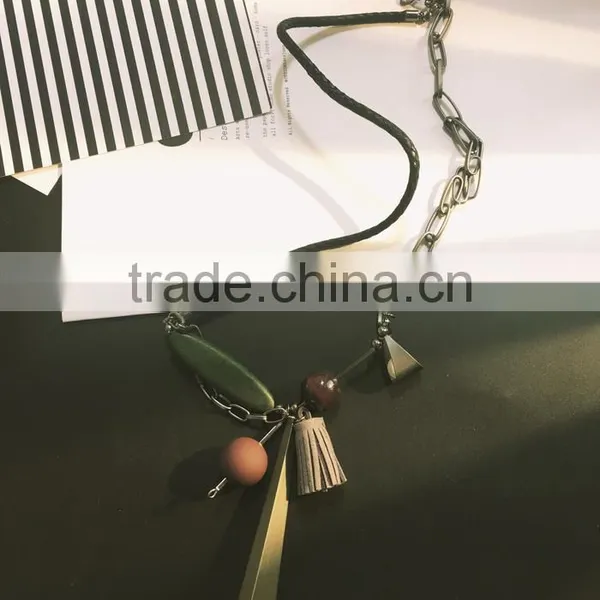Geometric Wood Bead Rubber Strip Pendant Necklace Velvet Leather Tassel Necklace Chain Linked Suede Leather Necklace photo-6