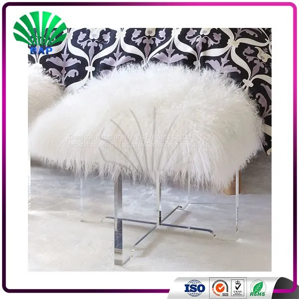 Popular Cheap Acrylic White Cover Stool White High Quality Fur Cover Stool Plexiglass Ottomans With Clear Legs photo-2