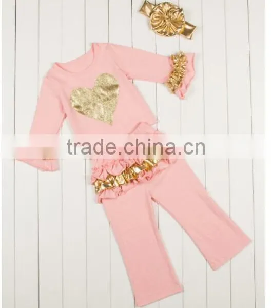 China Product and Low Price Wholesale Golden Autumn Outfits With Headband for 6monthes -8years Baby Kids Warmer photo-2