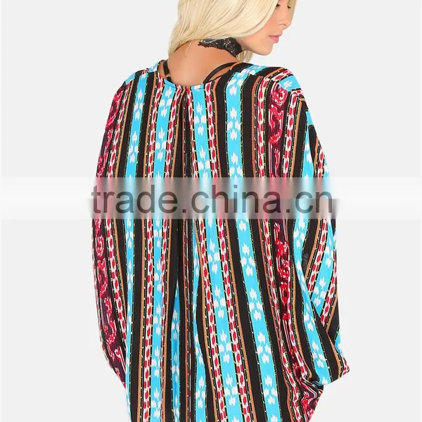 Custom Design Colorful Tribal Striped Dolman Kimono With Curved Hem Caplet Style Ladies Beachwear photo-2