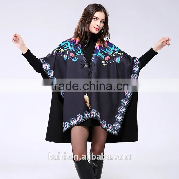 Brand Fashion Womens Autumn Winter Warm Flower Pattern Slit Wool Blend Plaid Blanket Cloak Poncho Cape Coat photo-4
