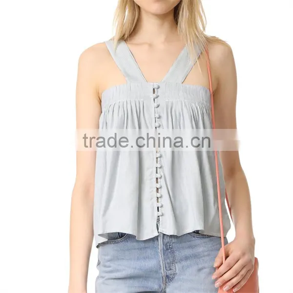 2017 OEM Wide Strapes Front Button Closure Navy Striped Blouse photo-2