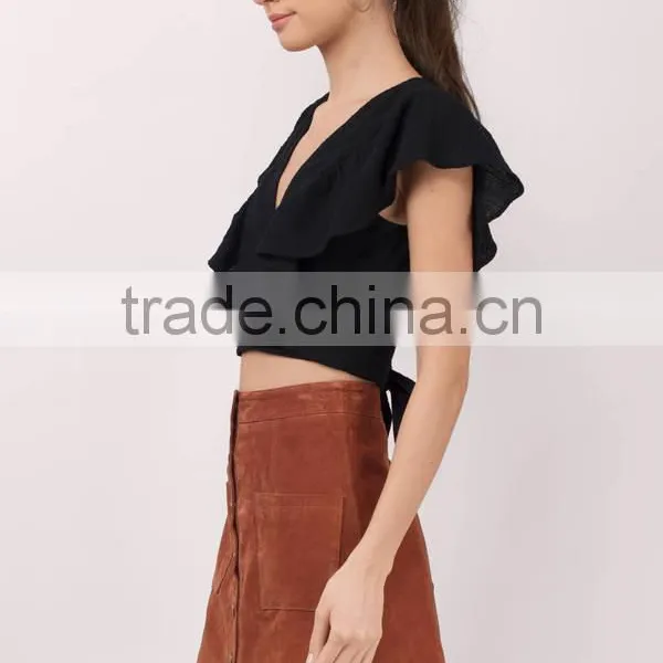 2017 Latest Fashion Design Lady Clothing Summer Black Ruffle Sleeve Top photo-2