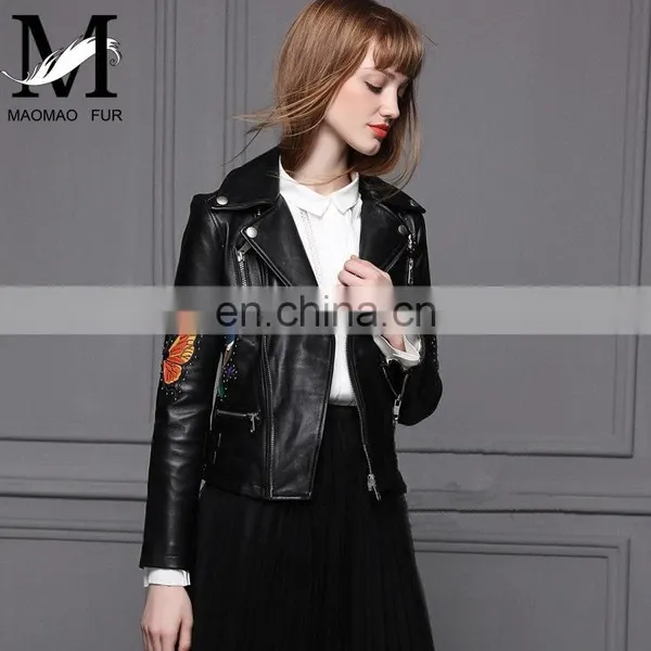 Hot Selling OEM Fashion Latest Womens Jackets Short Sheep Skin Moto Biker Leather Jacket photo-2