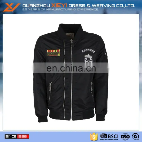 Custom Nylon Plain Black Flight Bomber Jacket Mens With Patches