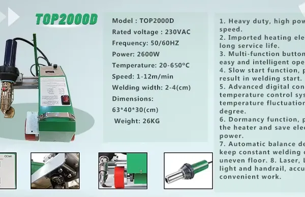 TOP2000D Hot Air Plastic Welding Machine 230V 0.5-12m/min for PVC TPO Waterproof Membrane With Imported Heat Gun & Laser Guide photo-4