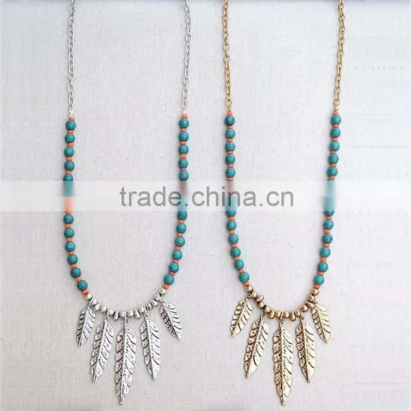 Faced Turquoise Beads Leaves Necklace