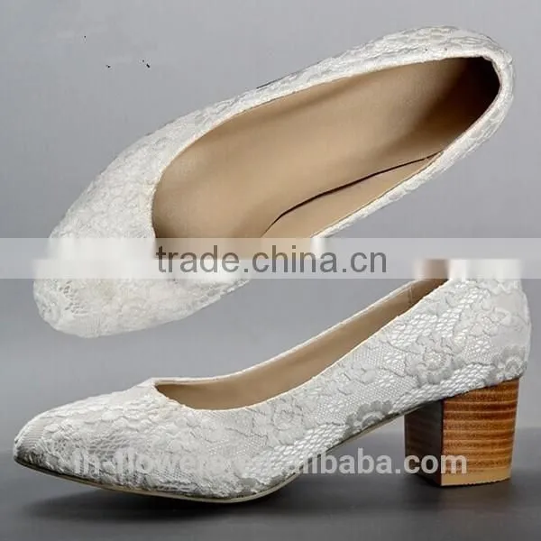 Block Heel White Lace Cloth Pumps Shoes for Woman