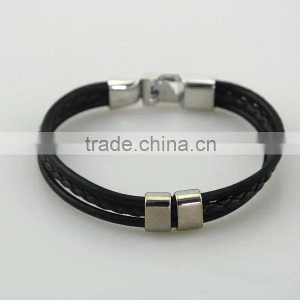 Factory Men Bangle Metal Black Leather Rope Bracelet photo-4