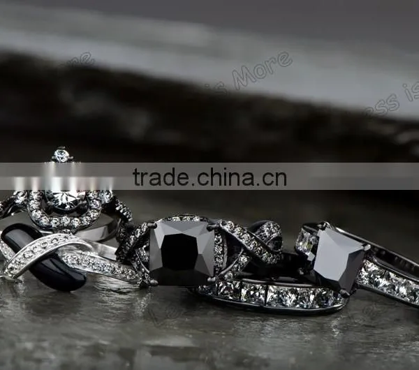 Princess Cut Black CZ Engagement Ring With Band photo-4