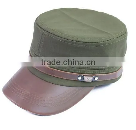 Military Captain Caps in Stock Flat Top Adjustable Army Green Leather Fitted Military Uniform Cap