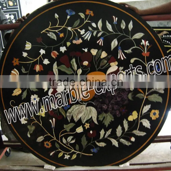 Black Inlaid Pietra Dura Round Table Top photo-3