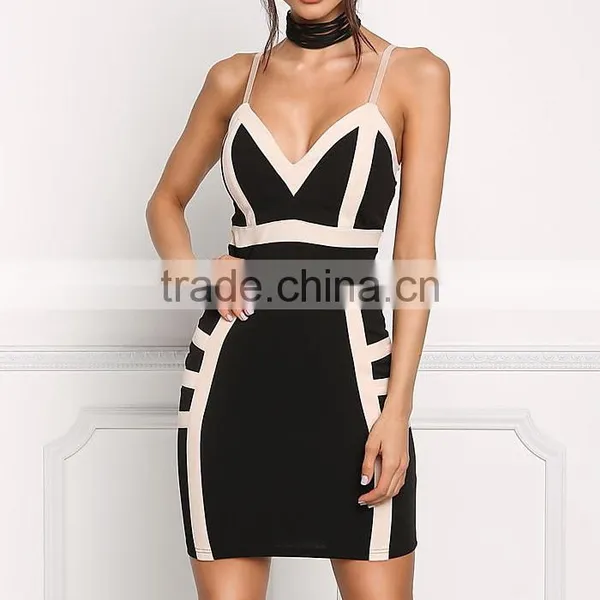 Sexy Black Two Tone Plunge Spaghetti Straps Bodycon Dress Girls Night Club Dress Photos Without Dresses HSD5930 photo-2