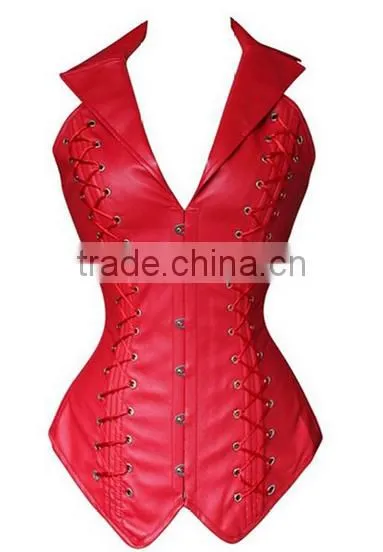 Fashionable Lapel Lace-Up Faux Leather Solid Color Women's Corset photo-4