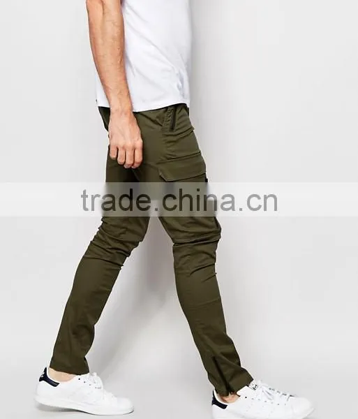 Custom 98% Cotton 2% Elastane Stretch Twill Functional Zip Cargo Pockets Zip Leg Opening Men's Green Casual Pants photo-4