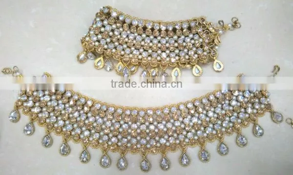 Gold Crystal Broad Payal ANKLETS Pair Feet Bracelet photo-2
