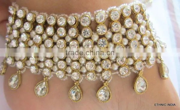 Bridal Golden Crystal Broad Payal ANKLETS Pair Feet Bracelet photo-2