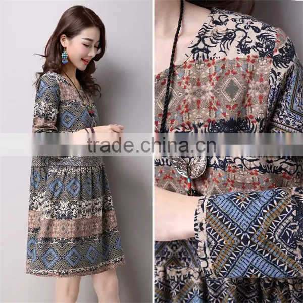 2017 New Design Large Size Fashion Ladies Retro National Wind Style Ladies Dress Cotton Printed Dress photo-6
