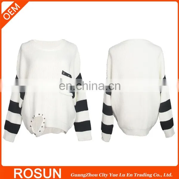 Square Pocket Distressed Hem Long Sleeve Acrylic Sweater of Women Clothing 2017 With Embellished Bead