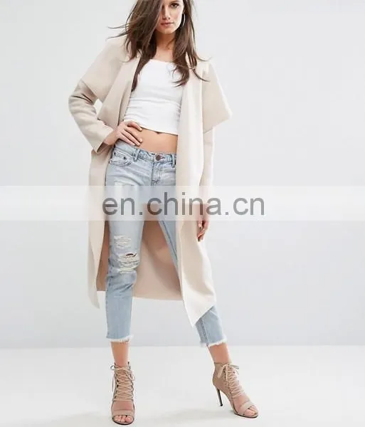 Long Style Cream Women Loose Dust Coat With Front Open photo-4