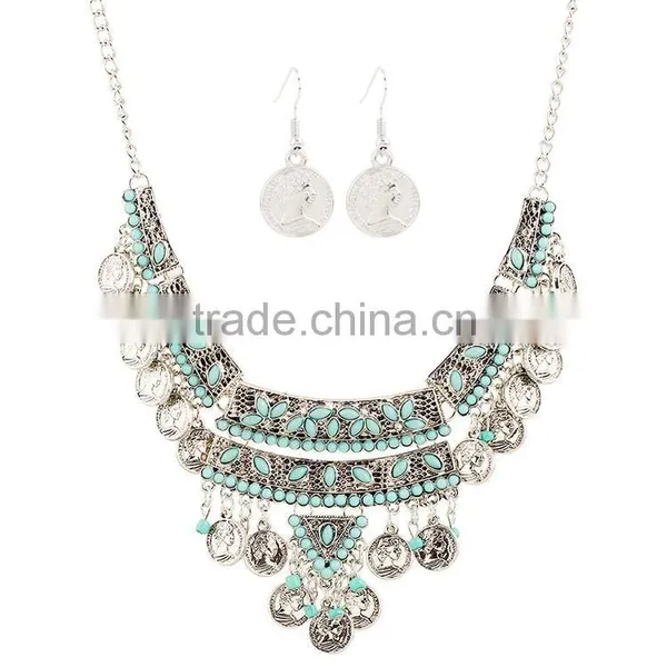 2016 Gypsy Bohemian Jewelry Set Vintage Turquoise Beauty Head Silver Coin Jewelry Set photo-5