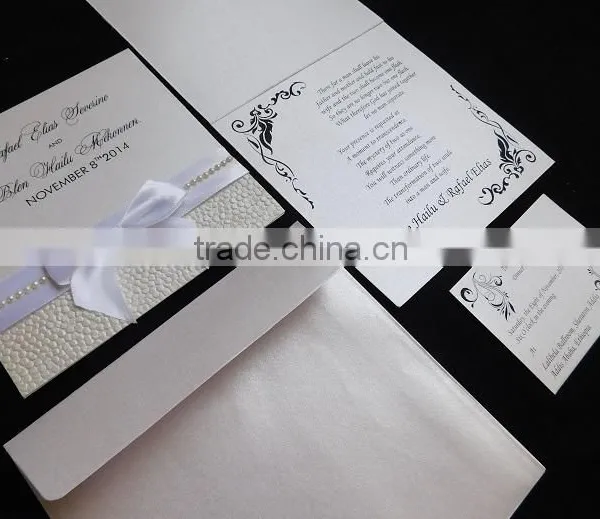 White Metallic Wedding Card With Pearls and Ribbon photo-2